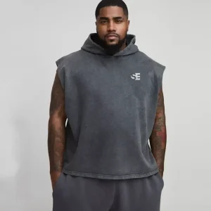 Plus Oversized Boxy Sleeveless Acid Wash Hoodie